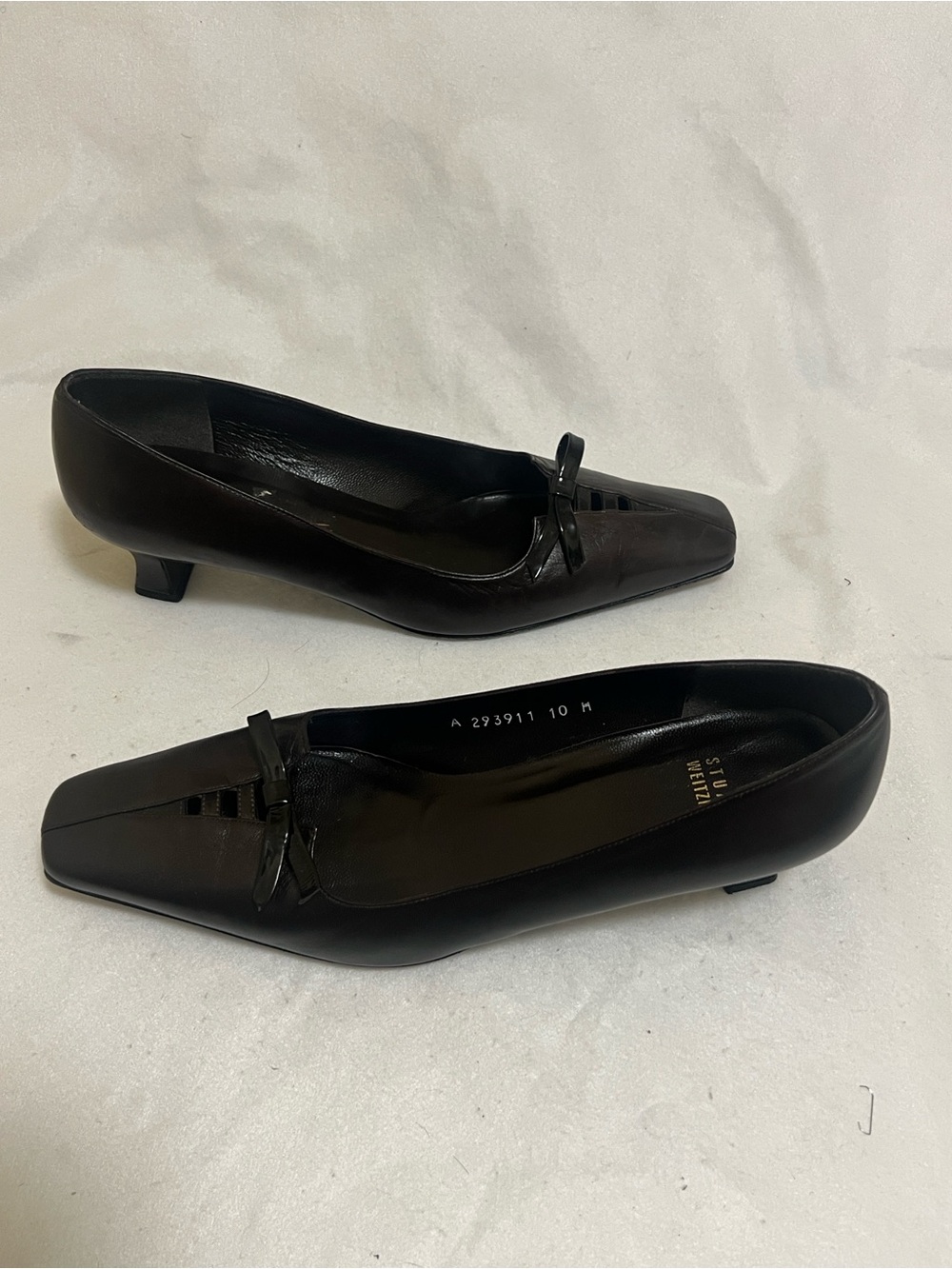 Stuart Weitzman Dark Brow Leather Square-Toe Kitten Heel Pumps with Bow Accent